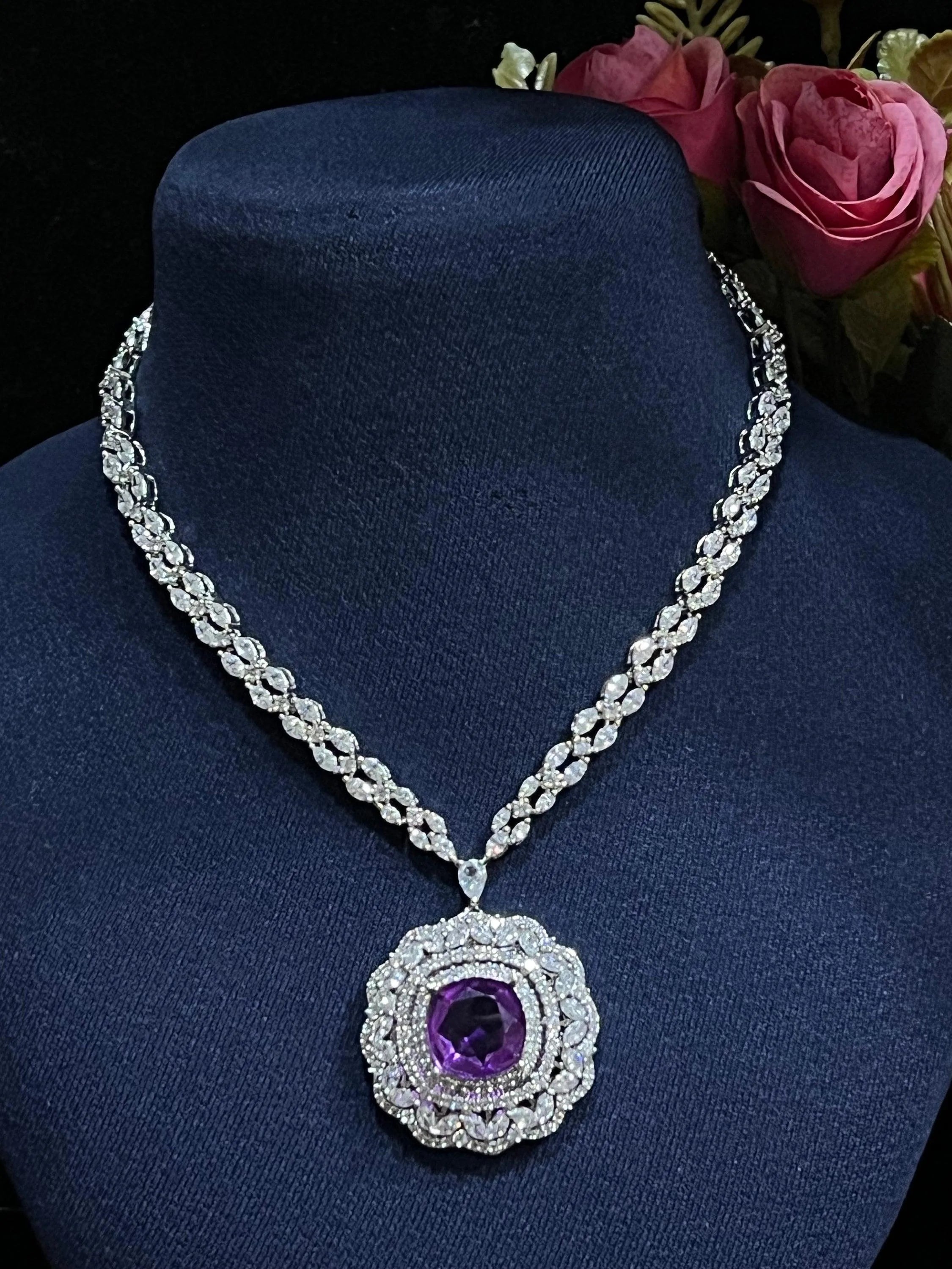Keri Purple Cz Diamond Doublet Pendant Necklace Indian Jewelry Pakistani Jewelry Statement Necklace American Diamond Necklace Long CZ