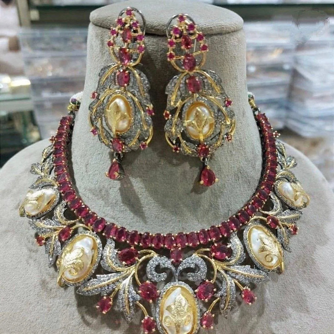 Sold Out Baroque Pearl Ruby CZ Victorian Necklace • CZ Necklace Set • American Diamond Necklace • Indian Jewelry • Pakistani Jewelry