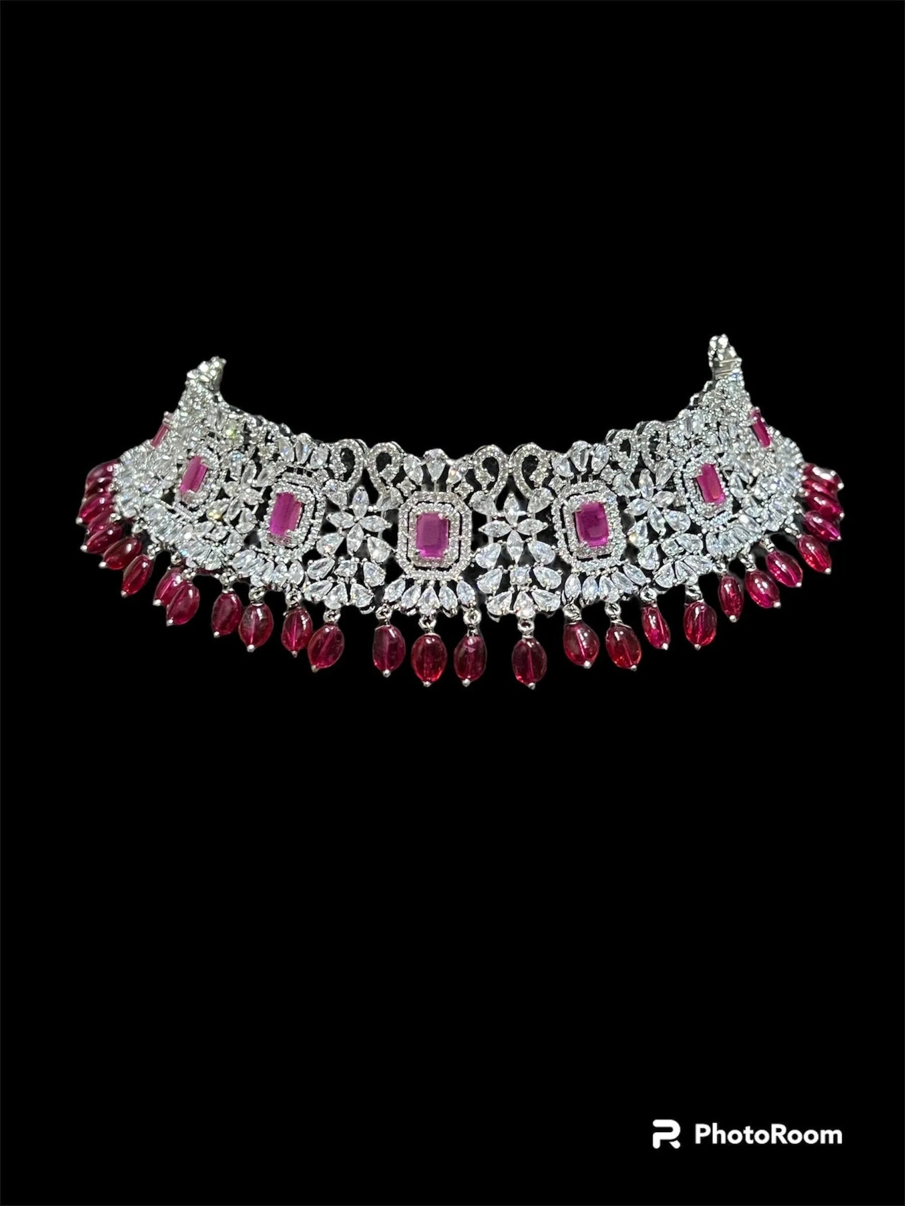 Pari Ruby Diamond Choker CZ Choker American Diamond Necklace Set Choker Necklace Indian Cubic Zirconia Necklace Pakistani Jewelry