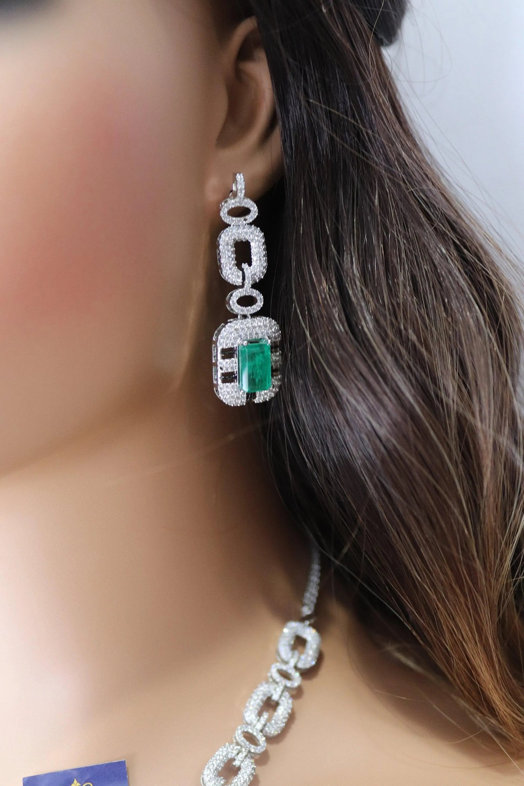 Iced CZ Chain Green Doublet Pendant Necklace With Earrings Crystal Necklace Silver Cuban Chain American Diamond Indian Necklace Emerald