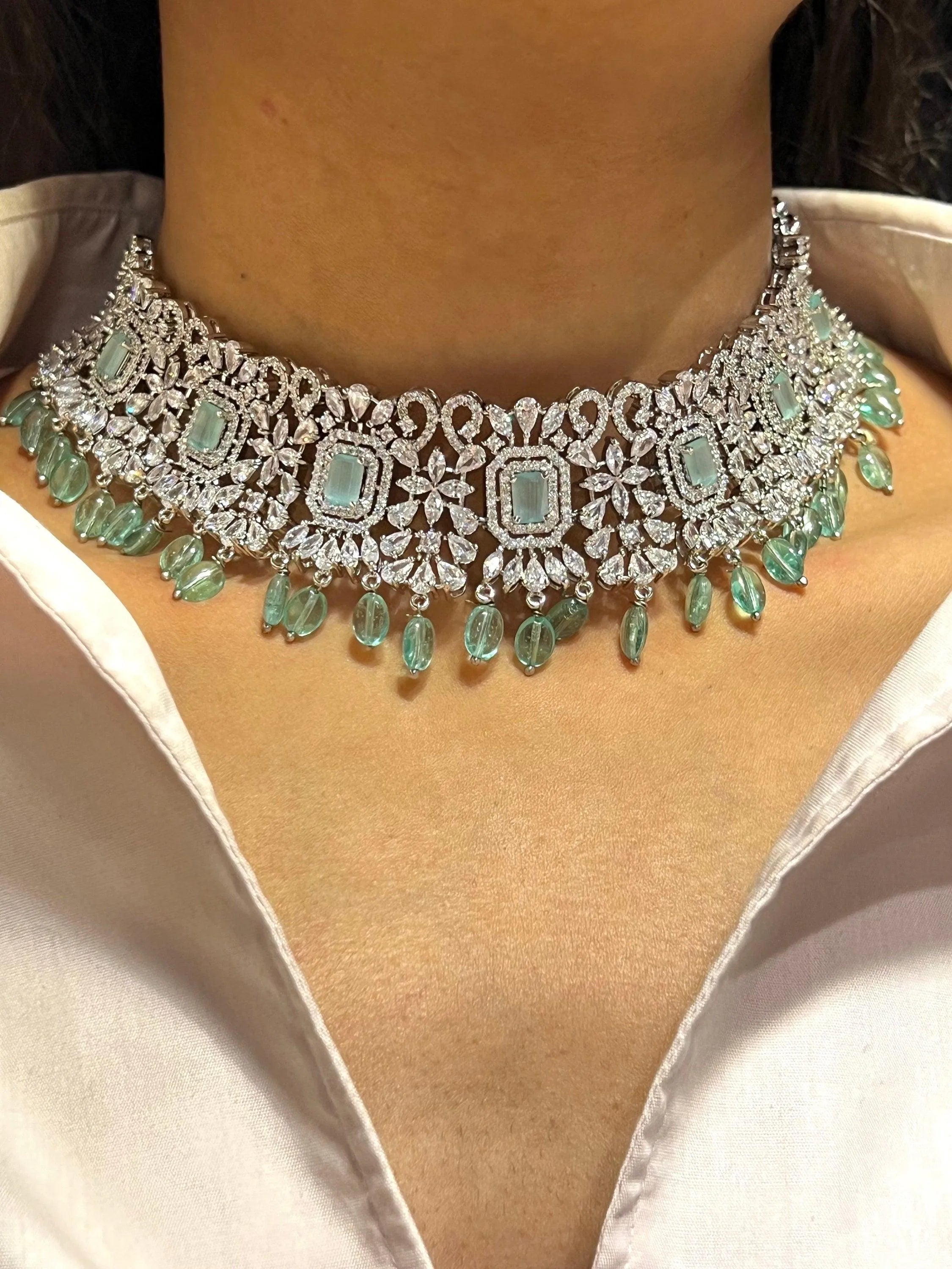 Sold Out Pari Mint Diamond Choker CZ Choker American Diamond Necklace Set Choker Necklace Indian Cubic Zirconia Necklace Pakistani Jewelry