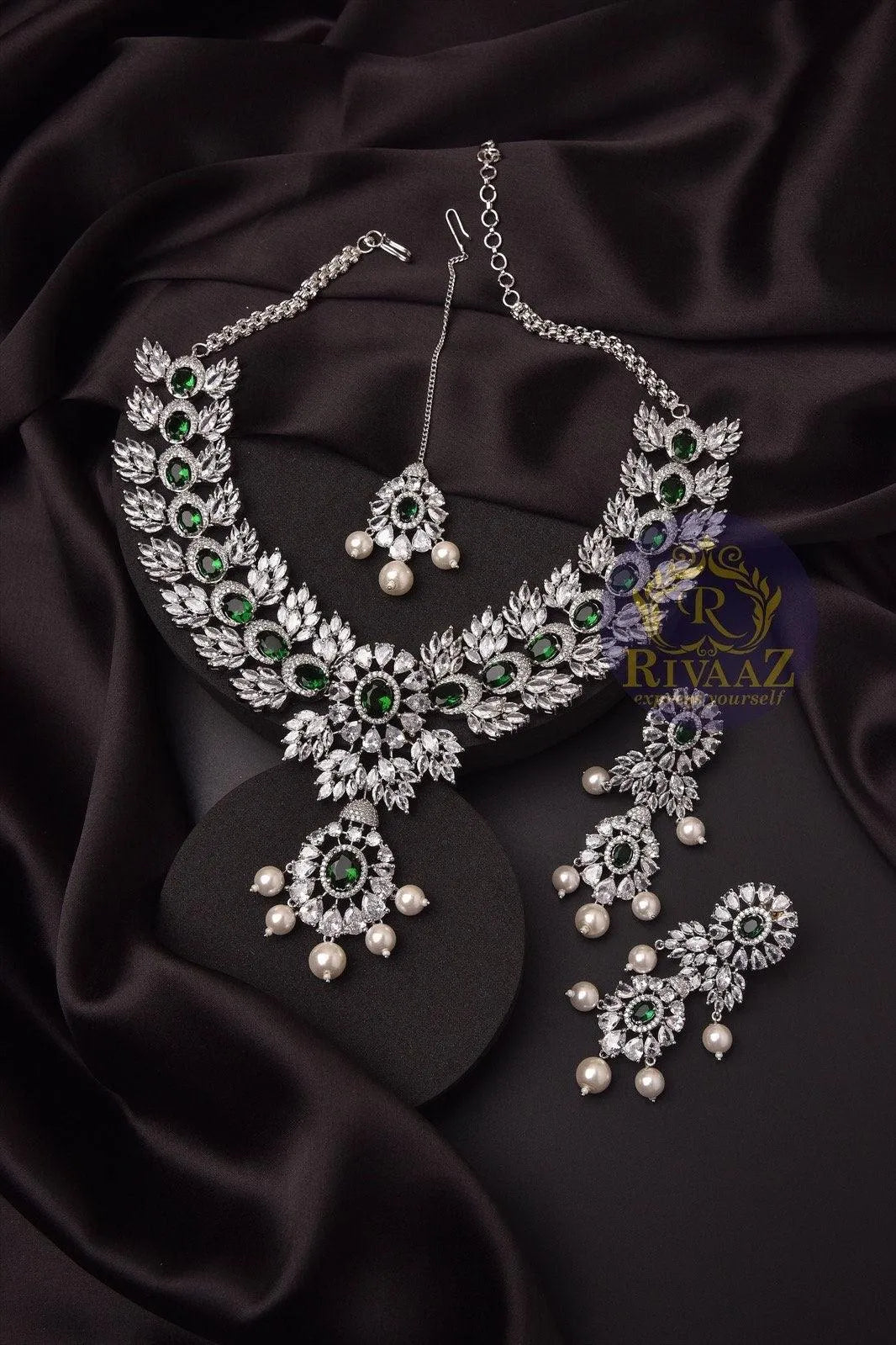 Emerald Pearl Necklace With Earrings And Tikka in White Gold CZ Necklace American Diamond Set Diamond Indian Necklace Indian Bridal Jewelry