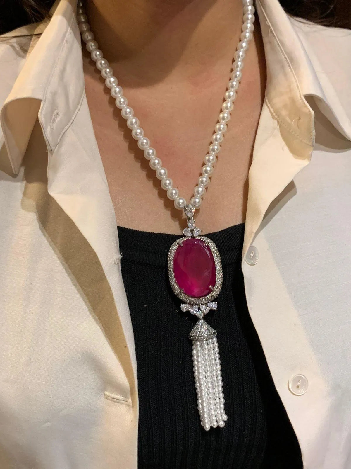 Sapphire Pearl Pendant long Necklace with Earrings and Ring / Long Indian Necklace/ Indian Jewelry/ Green beads Necklace/ Pakistani Jewelry