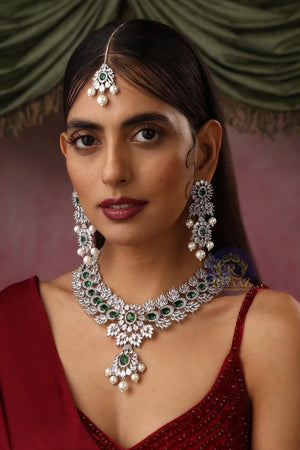 Emerald Pearl Necklace With Earrings And Tikka in White Gold CZ Necklace American Diamond Set Diamond Indian Necklace Indian Bridal Jewelry