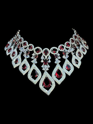 Bella Ruby Red CZ Necklace With Earrings and Tikka American Diamond CZ Necklace Ruby Choker Necklace Indian Cubic Zirconia Necklace