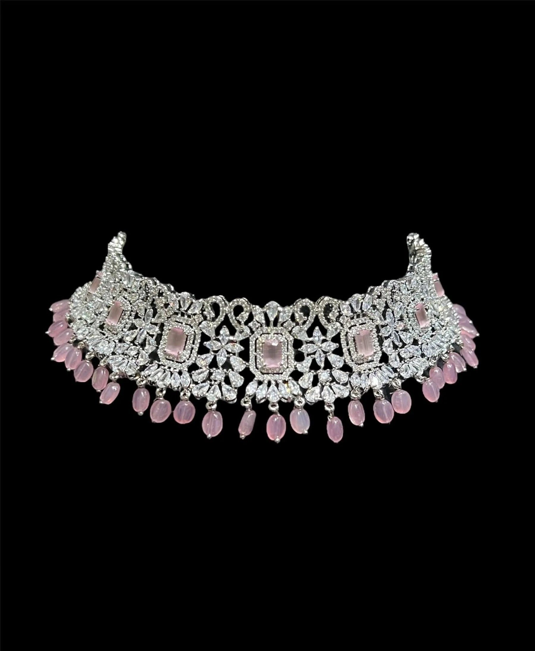 Pre Order Pari Pink Diamond Choker CZ Choker American Diamond Necklace Set Choker Necklace Indian Cubic Zirconia Necklace Pakistani Jewelry