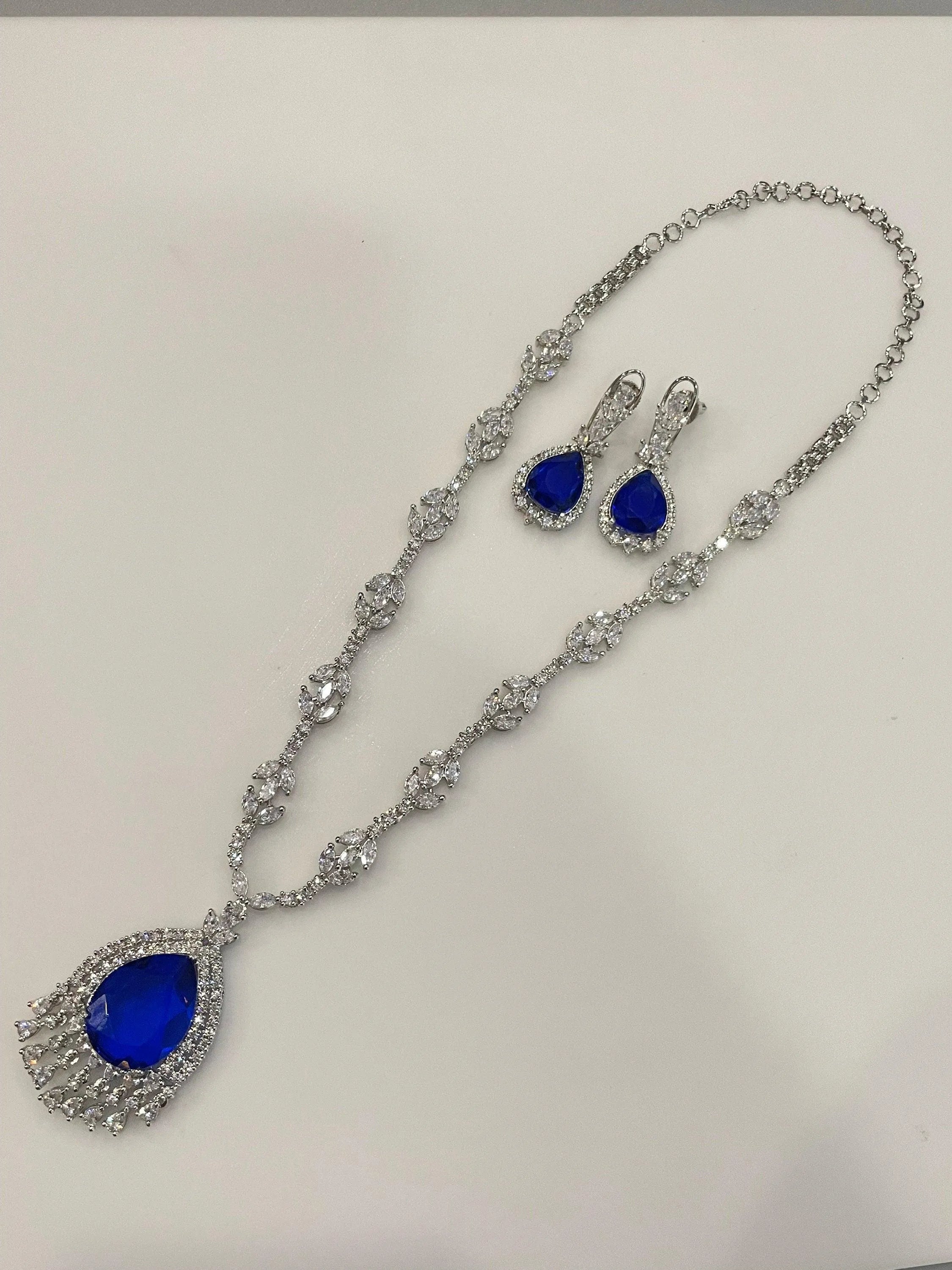 Nora Sapphire Blue CZ Pendant Necklace Statement Jewelry Statement Necklace Diamond Crystal American Diamond Indian Jewelry