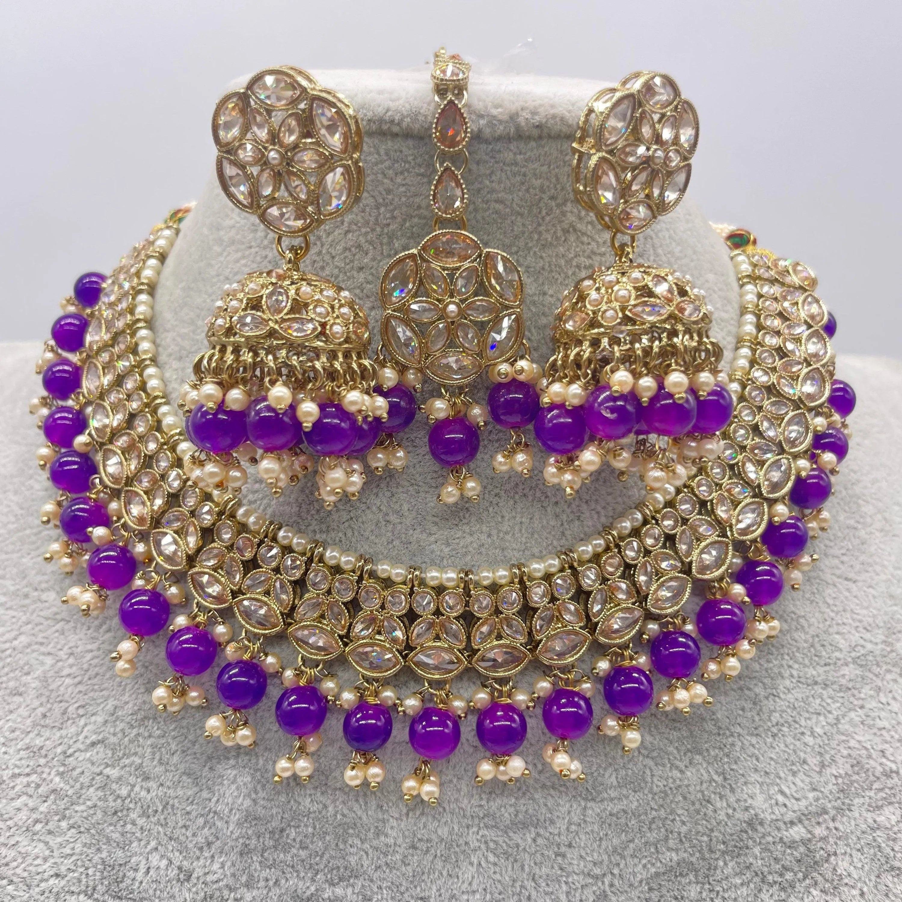 Purple Gold Polki Choker with chaandbali and tikka /Antique Gold Choker/Indian Choker Necklace/ Pakistani jewelry/ Indian jewelry