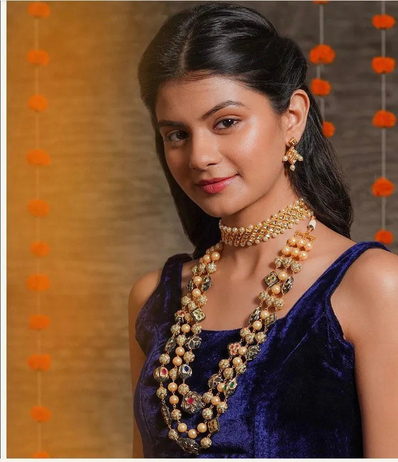High Quality Three Layer Rani Har Long Necklace Set Sari Necklace Indian Long Necklace Pakistani Jewelry Indian Mala Necklace Kundan Long