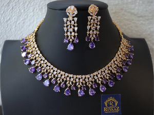 June Lavender Purple Gold Diamond Necklace • Pakistani Jewelry • Indian Jewelry • CZ Necklace • American Diamond Necklace Set