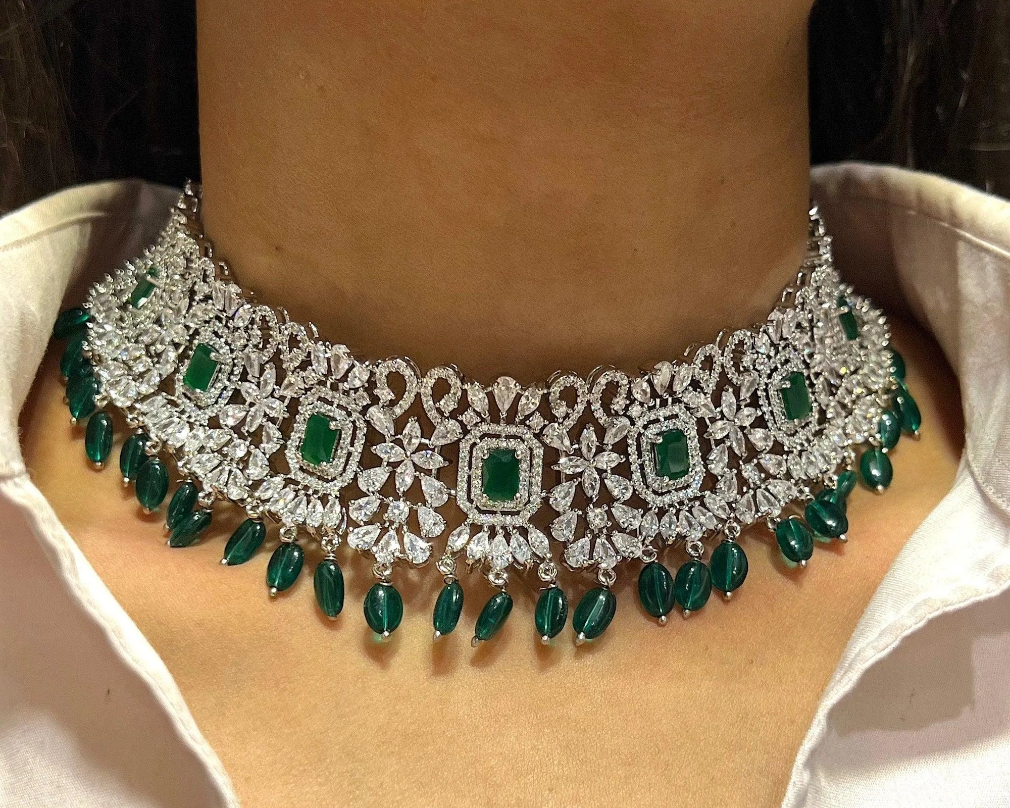 Pari Emerald Diamond Choker CZ Choker American Diamond Necklace Set Choker Necklace Indian Cubic Zirconia Necklace Pakistani Jewelry
