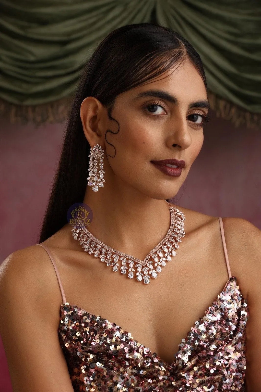 Sold Out Diana Rose Gold CZ Necklace With Earrings American Diamond CZ Necklace Choker Necklace Indian Cubic Zirconia Necklace