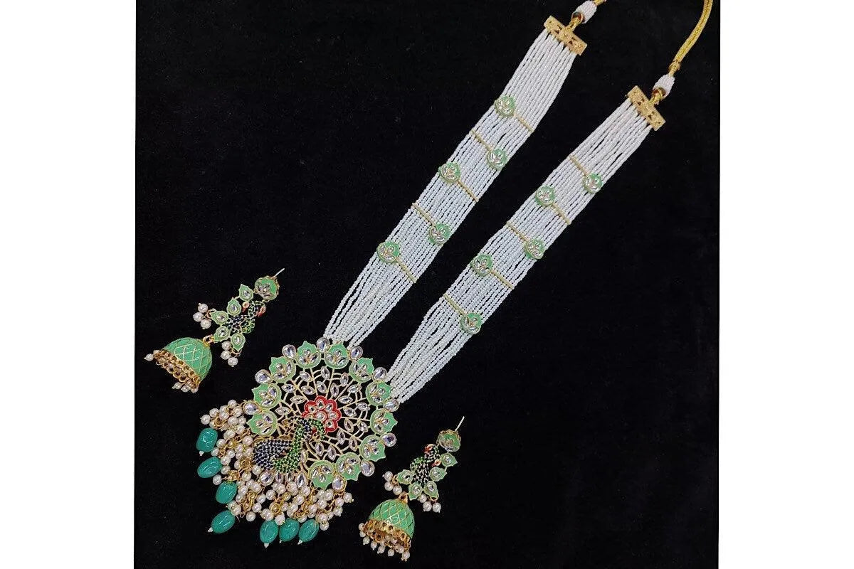 Pre Order Mint Peacock Indian Long Necklace Indian Jewelry | Pakistani Jewelry | Indian Long Necklace| Peacock Long Necklace