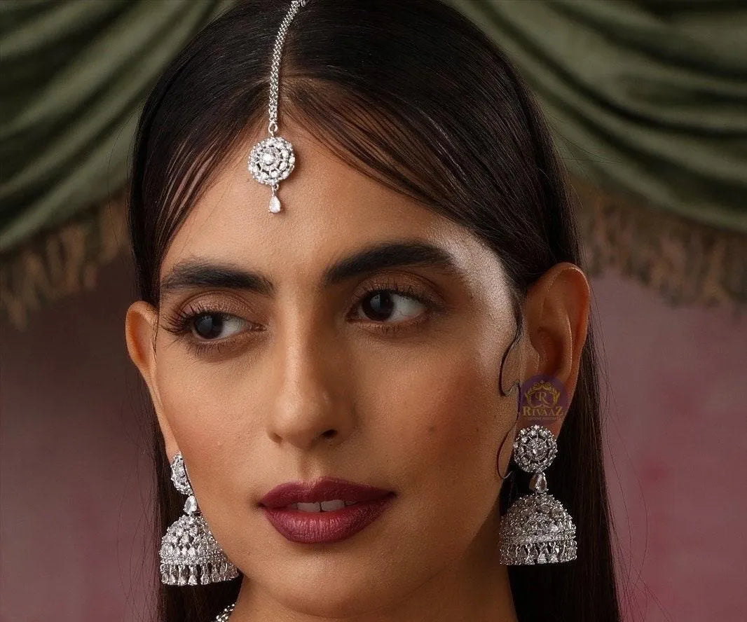 April Diamond Earring Tikka Set • Silver Maangtikka Set • CZ Jhumka Tikka Set •Indian Jewelry • Pakistani Jewelry • Punjabi Jewelry