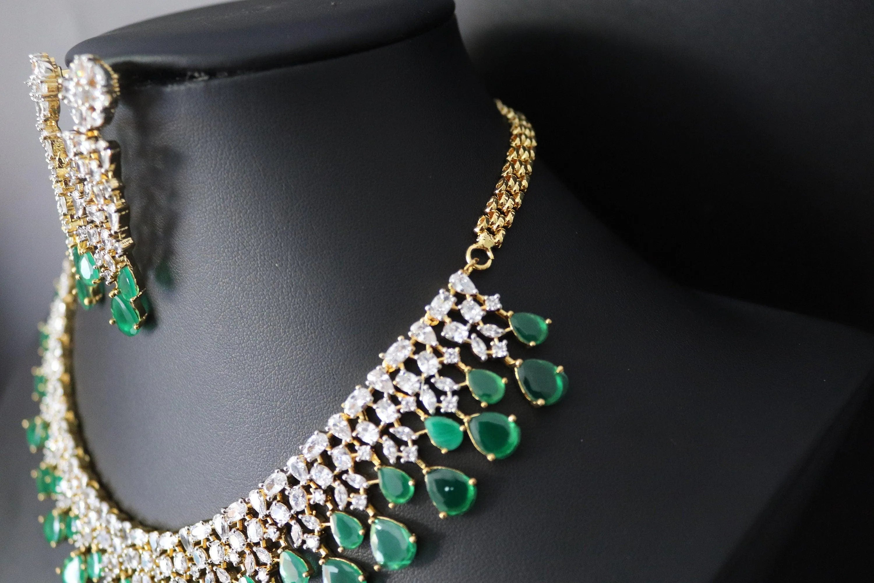 June Gold Emerald Green CZ Diamond Necklace Statement Jewelry Statement Necklace Pakistani Jewelry Indian Necklace CZ choker AmericanDiamond