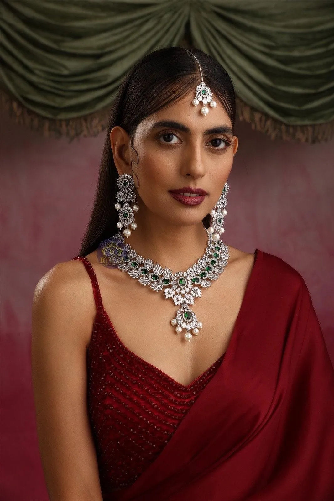 Emerald Pearl Necklace With Earrings And Tikka in White Gold CZ Necklace American Diamond Set Diamond Indian Necklace Indian Bridal Jewelry