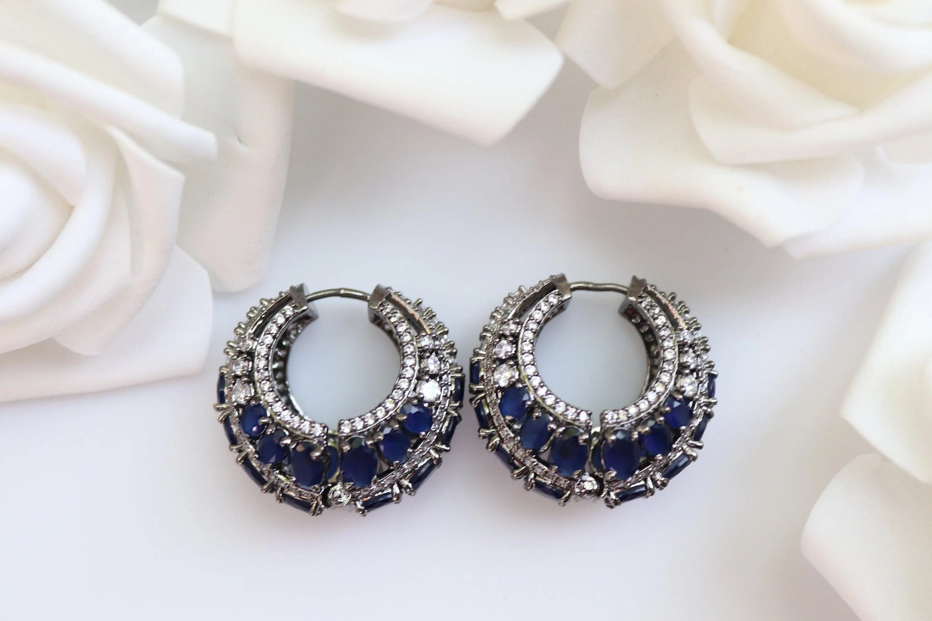 Sapphire Blue CZ Diamond hoops Indian Earring Indian Jewelry Pakistani Jewelry American Diamond Earrings Cubic Zirconia Indian