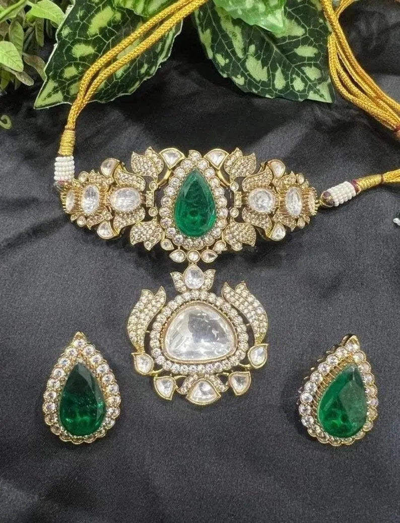 Emerald Gold Victorian Choker Indian Jewelry Necklace Emerald Indian Choker Indian Necklace Bollywood Jewelry Doublet