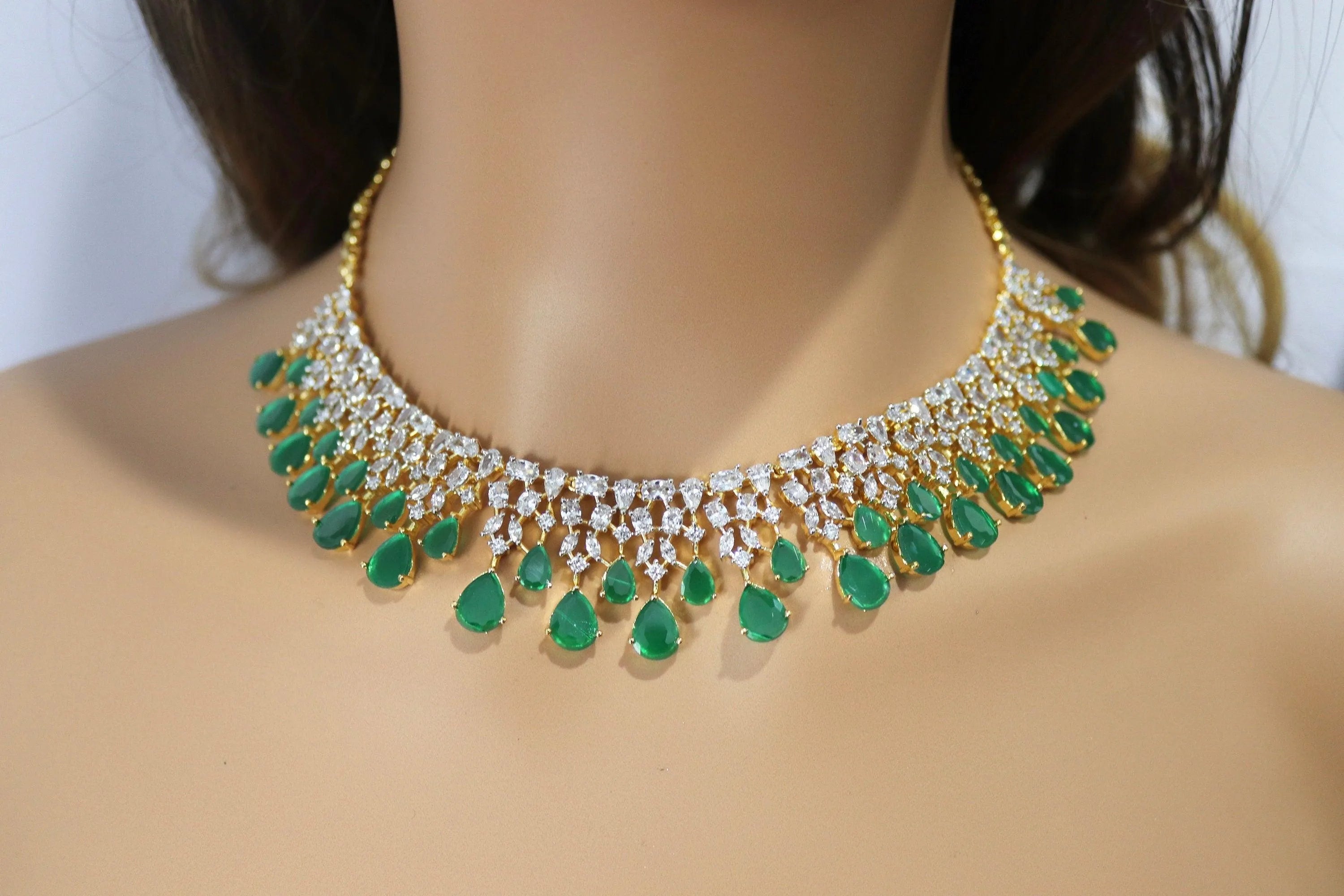 June Gold Emerald Green CZ Diamond Necklace Statement Jewelry Statement Necklace Pakistani Jewelry Indian Necklace CZ choker AmericanDiamond