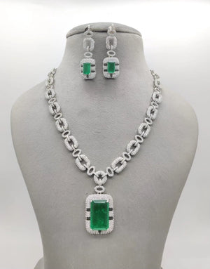 Iced CZ Chain Green Doublet Pendant Necklace With Earrings Crystal Necklace Silver Cuban Chain American Diamond Indian Necklace Emerald