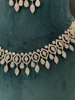 Kim Silver CZ Diamond Necklace Statement Jewelry Wedding Jewelry Crystal Necklace Indian Jewelry American Diamond Set