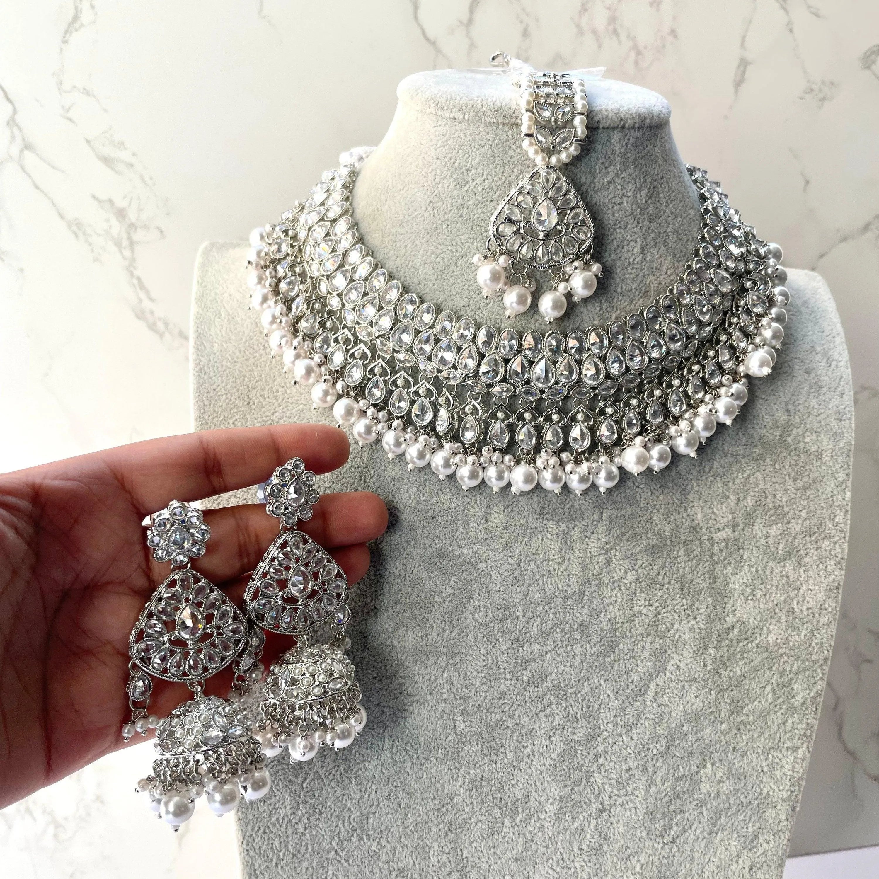 Silver Polki Choker Necklace Silver Necklace Punjabi Jewelry Pakistani Necklace Silver Indian Jewelry Silver Polki Necklace Set Bollywood