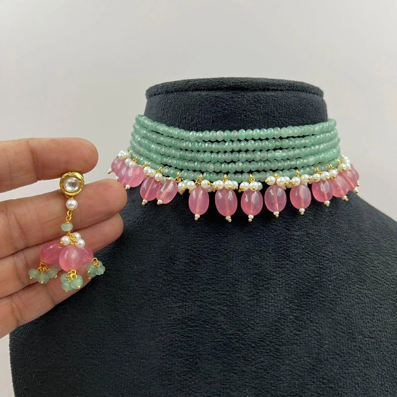 Mint Beads Choker | Indian Jewelry | Pakistani Jewelry | Kundan Choker Bollywood Jewelry Punjabi Jewelry Indian Choker Necklace Set