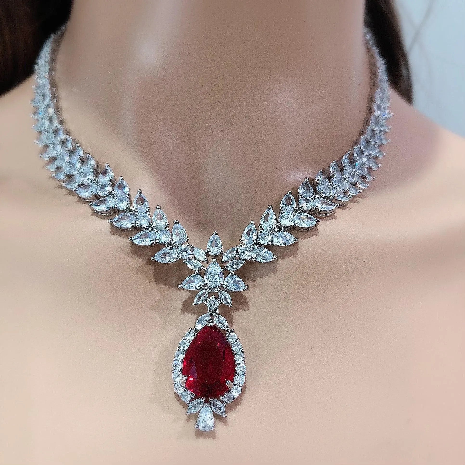 Jan Ruby Cubic Zirconium Necklace/Indian Necklace/ Indian Jewelry/ American Diamond Necklace/ Wedding Necklace/ Diamond Necklace/ Red