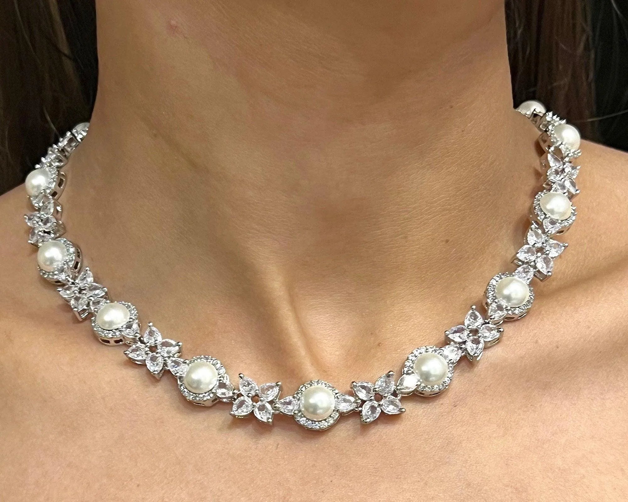 Chloe Diamond Pearl Necklace CZ Diamond Necklace Wedding Jewelry Indian Jewelry Prom Necklace