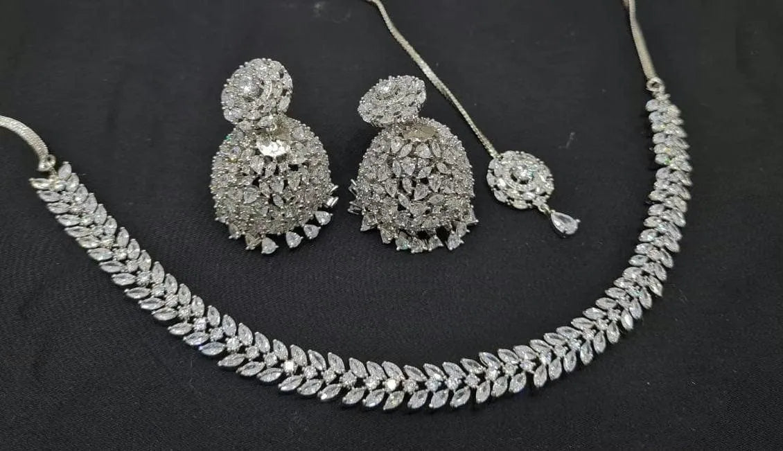 April Delicate Diamond Necklace with jhumkis and tikka / Pakistani Jewelry/ Punjabi Jewelry/ Indian Jewelry/ Pakistani Necklace/ CZ Necklace