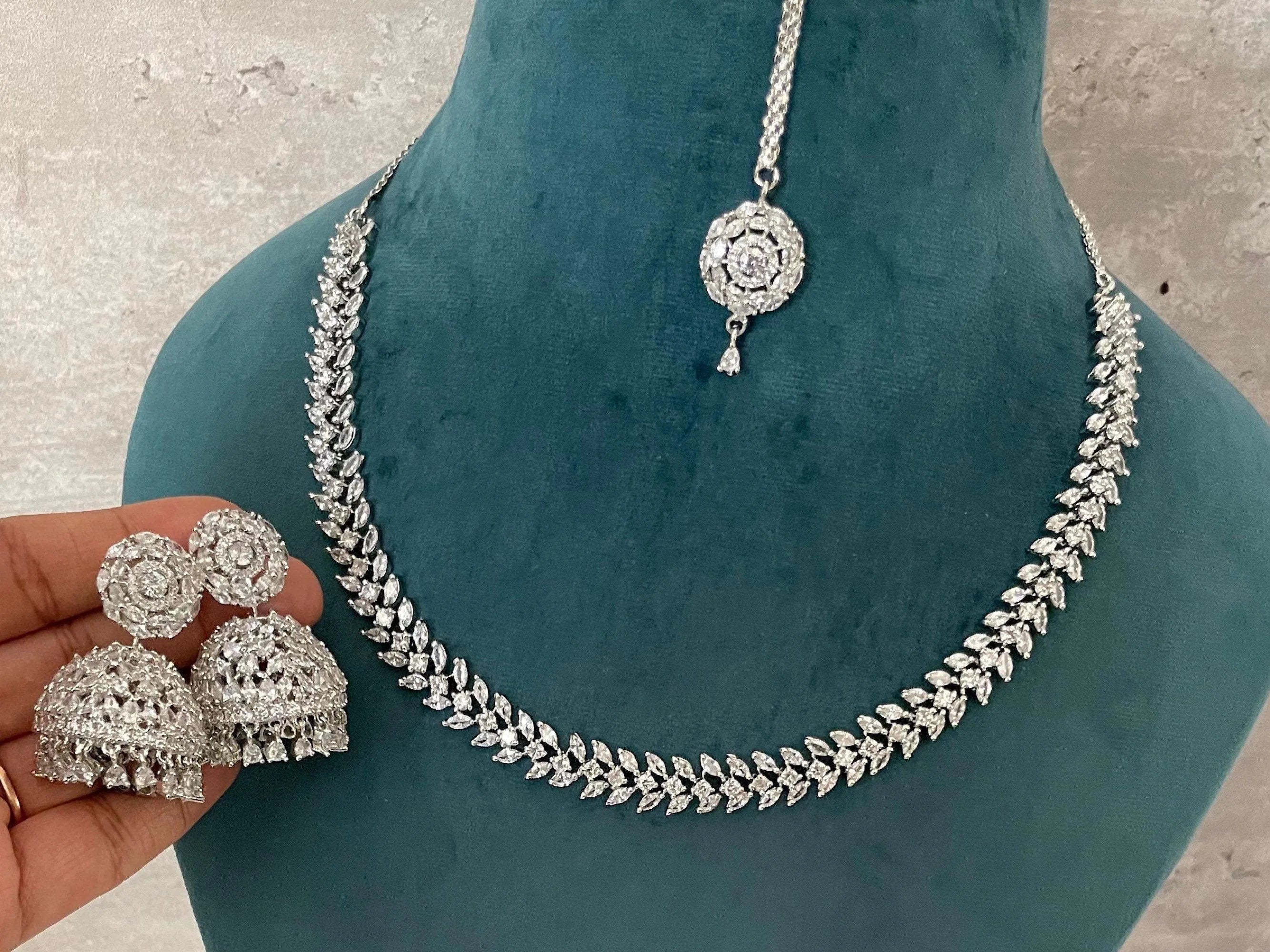 April White Diamond Necklace with Jhumka and Tikka CZ Necklace American Diamond Necklace Indian Necklace Crystal Jewelry Punjabi