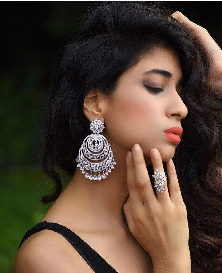 Diamond Chaandbalis/ Indian Jewelry/ CZ Chaandbali/ Zirconia Earrings/ Indian Earrings/ Pakistani Jewelry / Bollywood Jewelry/