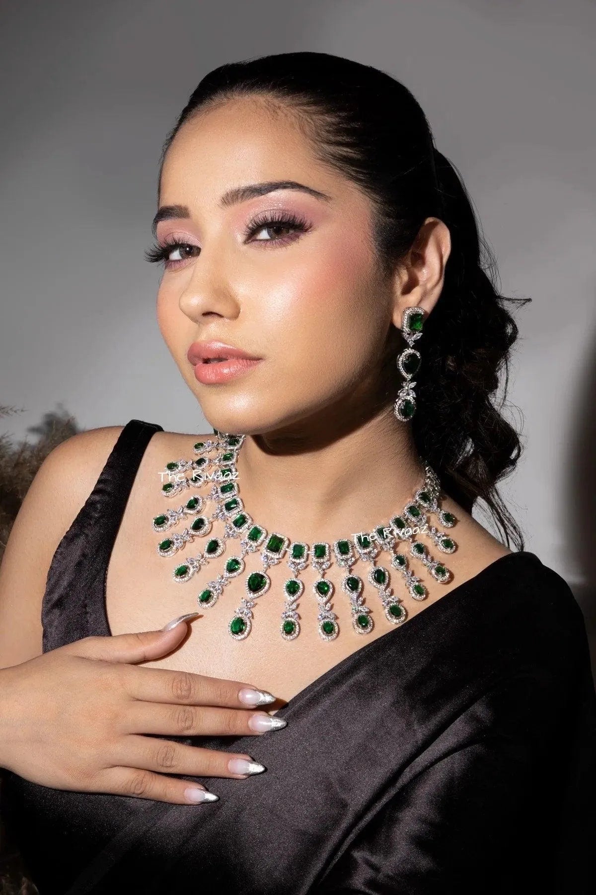 Pre Order Emerald Green CZ Necklace Indian Necklace American Diamond Necklace Set Indian Jewelry Pakistani Jewelry Crystal Necklace