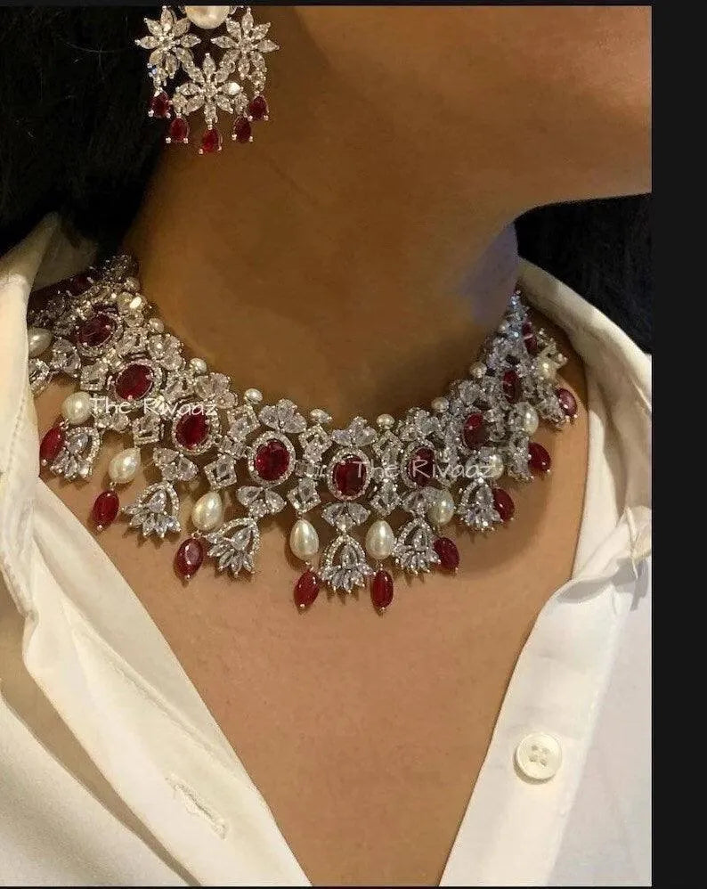 Sold Out Erika Ruby CZ Choker with Pearls Ruby CZ choker Necklace Indian American Diamond Choker