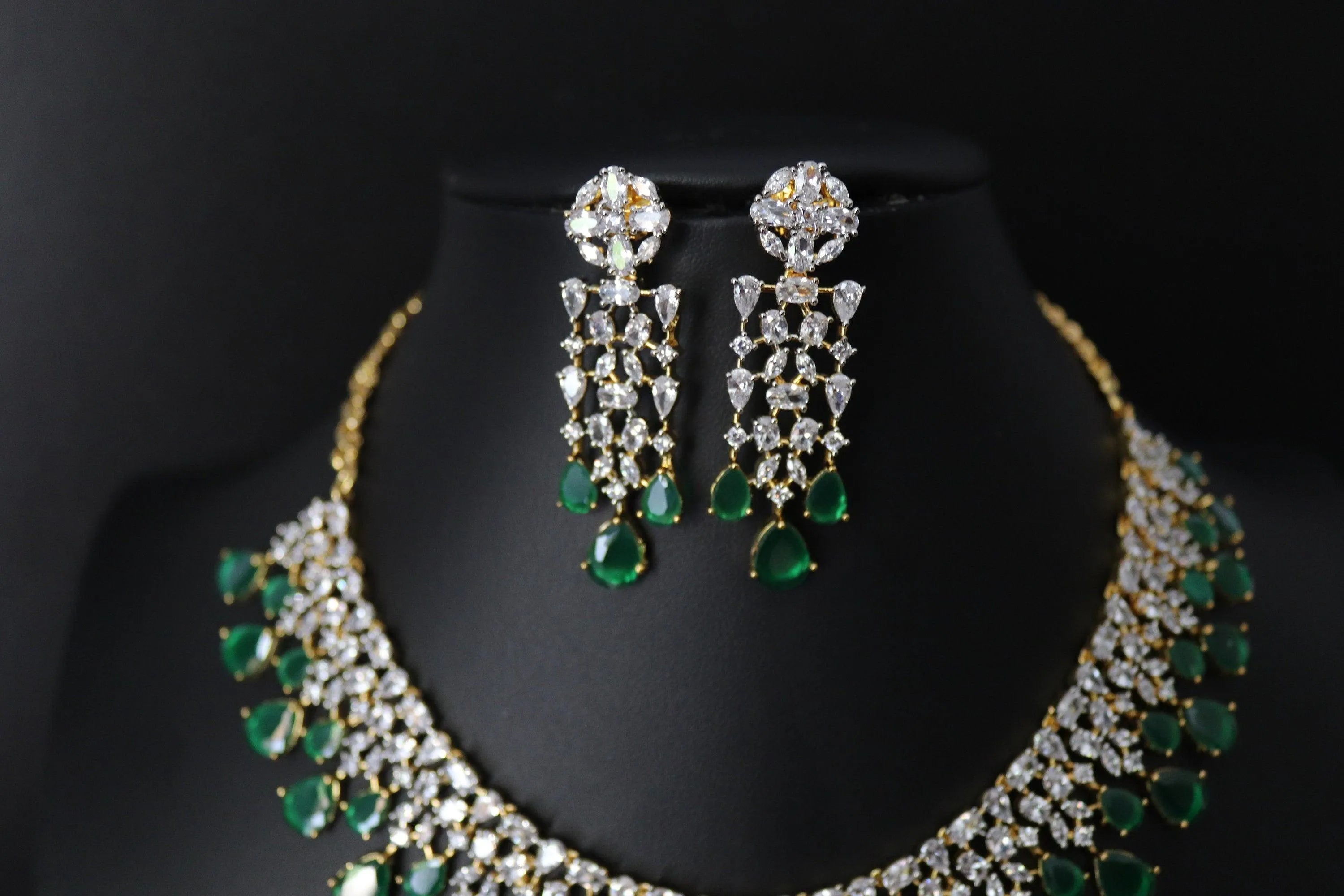 June Gold Emerald Green CZ Diamond Necklace Statement Jewelry Statement Necklace Pakistani Jewelry Indian Necklace CZ choker AmericanDiamond