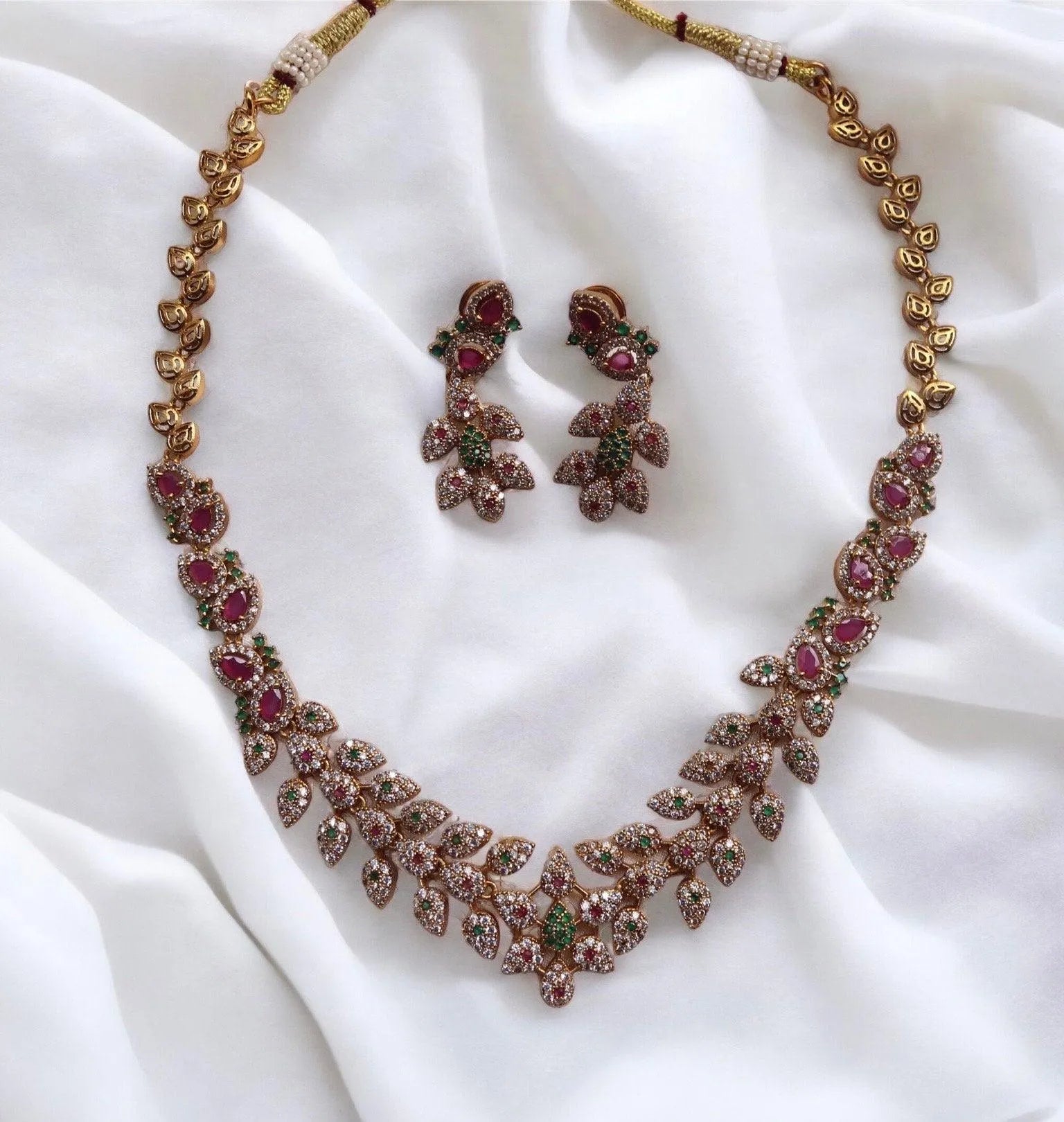 Hema Indian Necklace Set • Gold Indian Necklace • Indian Jewelry • Indian CZ Necklace • Indian Zirconia Necklace • Indian Ruby Necklace •