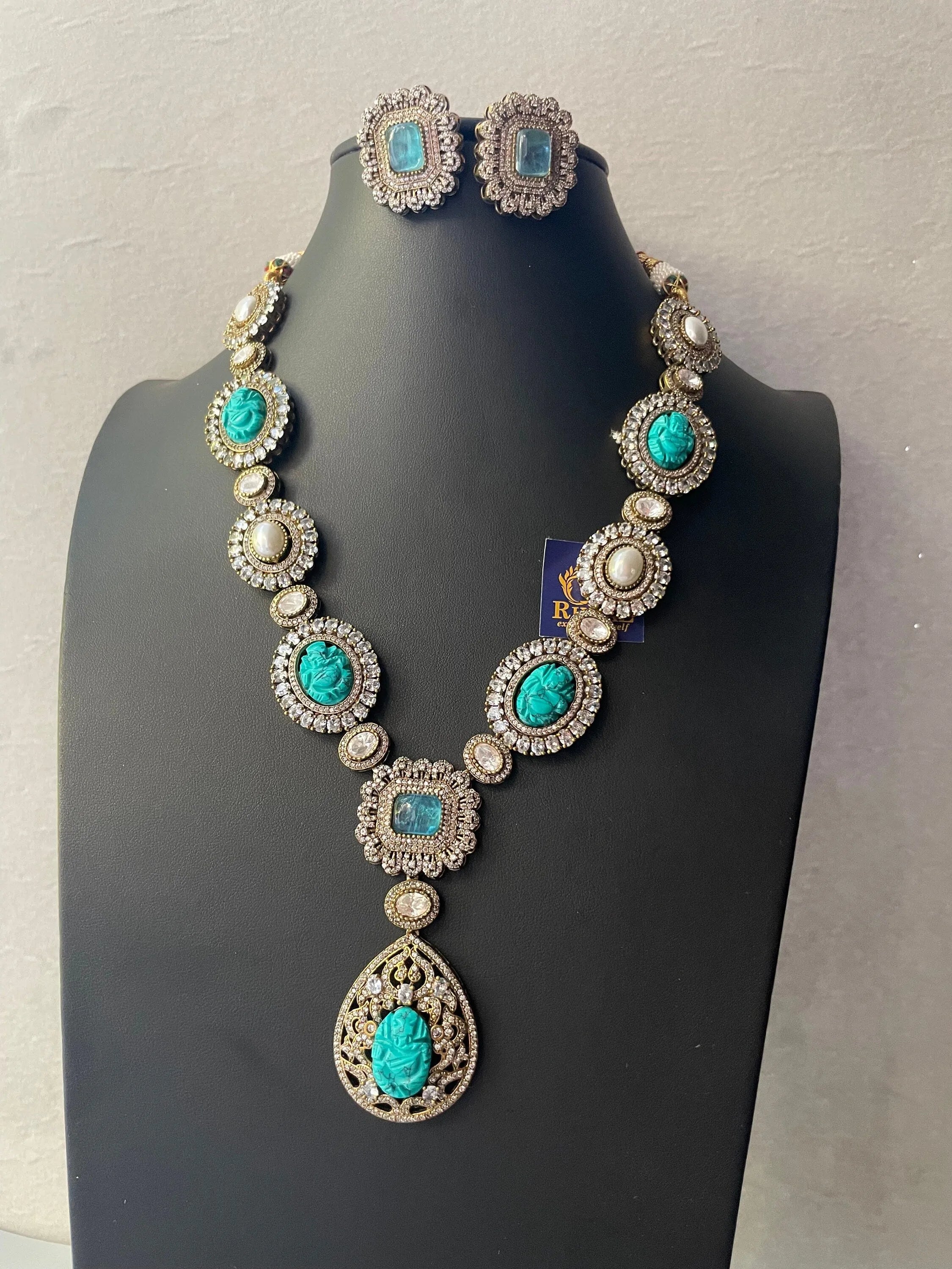 Pre Order Turquoise Victorian Long Necklace Set, Indian Long Necklace, Victorian Jewelry India Made of Semiprecious Stones, Kundan Long