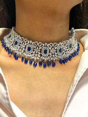 Pari Blue Diamond Choker CZ Choker American Diamond Necklace Set Choker Necklace Indian Cubic Zirconia Necklace Pakistani Jewelry