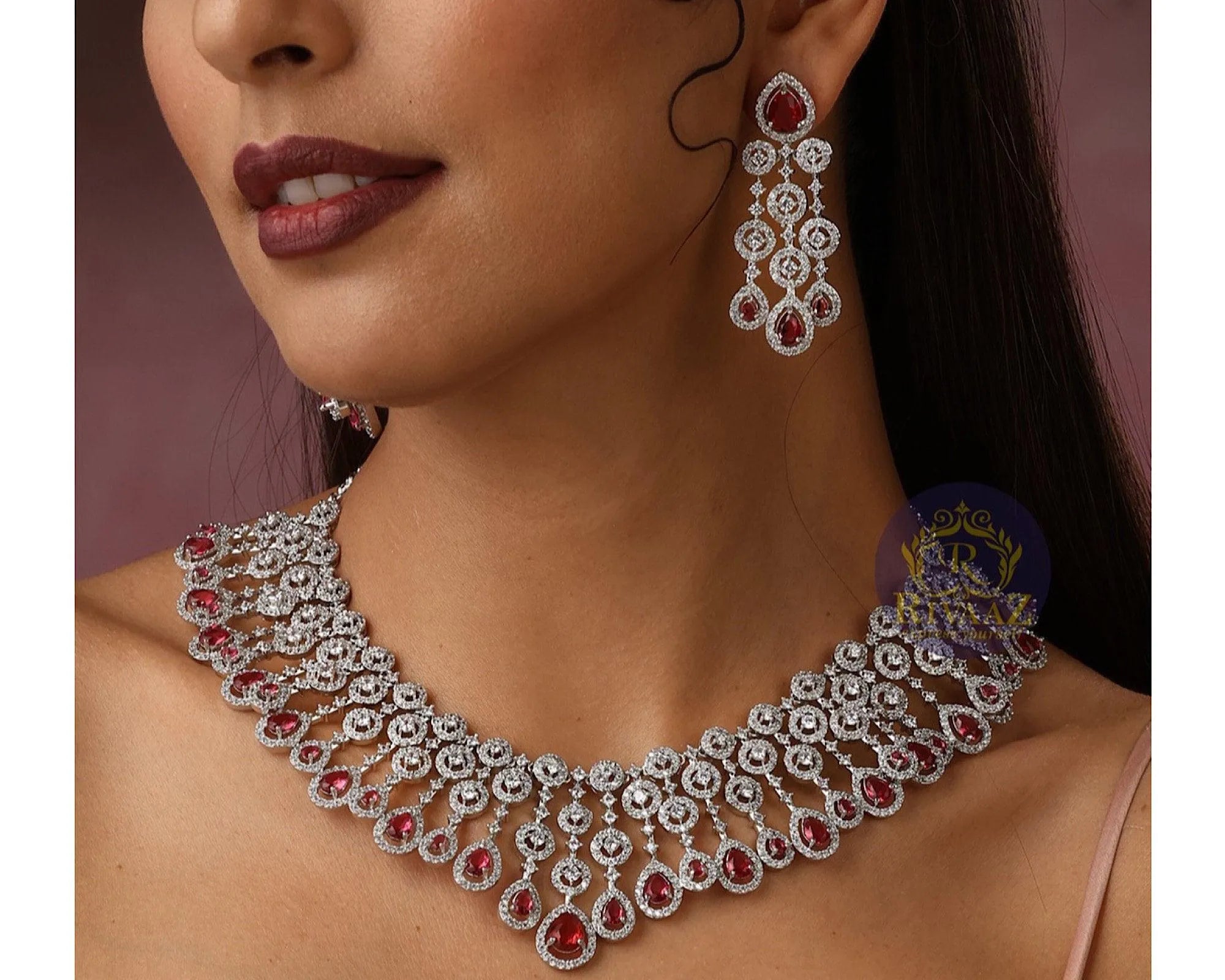 Ruby Diamond Necklace American Diamond Necklace Silver Necklace by Rivaaz