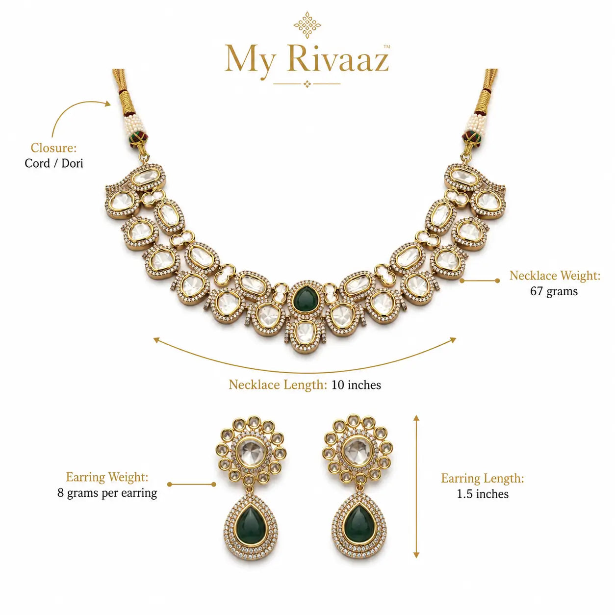 Gold-toned traditional necklace and matching earrings with green teardrop stones, shown on a white background with measurement labels and the brand name My Rivaaz.