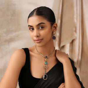 Jaguar Long Necklace Set with Blue & Teal Stones - Bollywood Jewelry