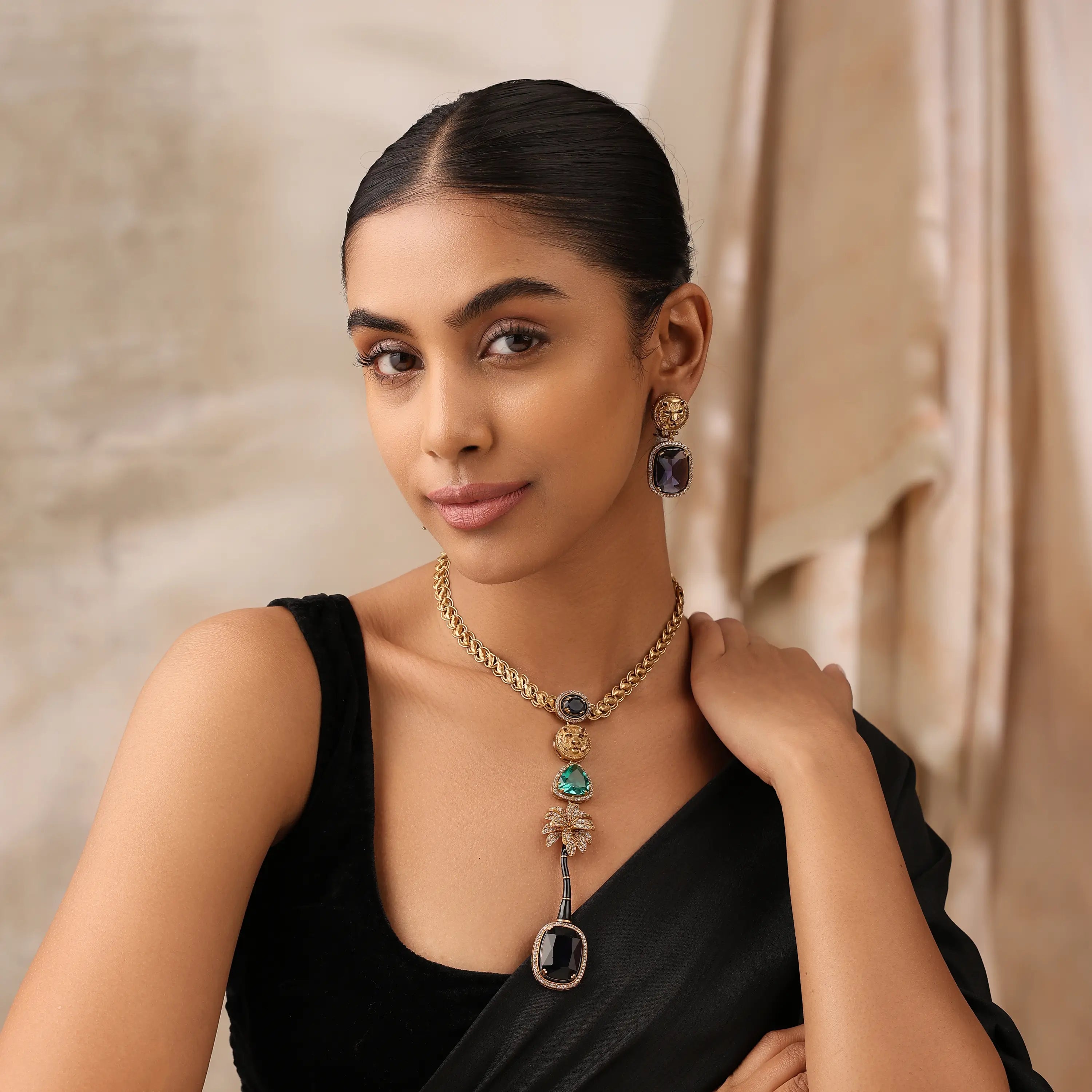 Jaguar Long Necklace Set with Blue & Teal Stones - Bollywood Jewelry