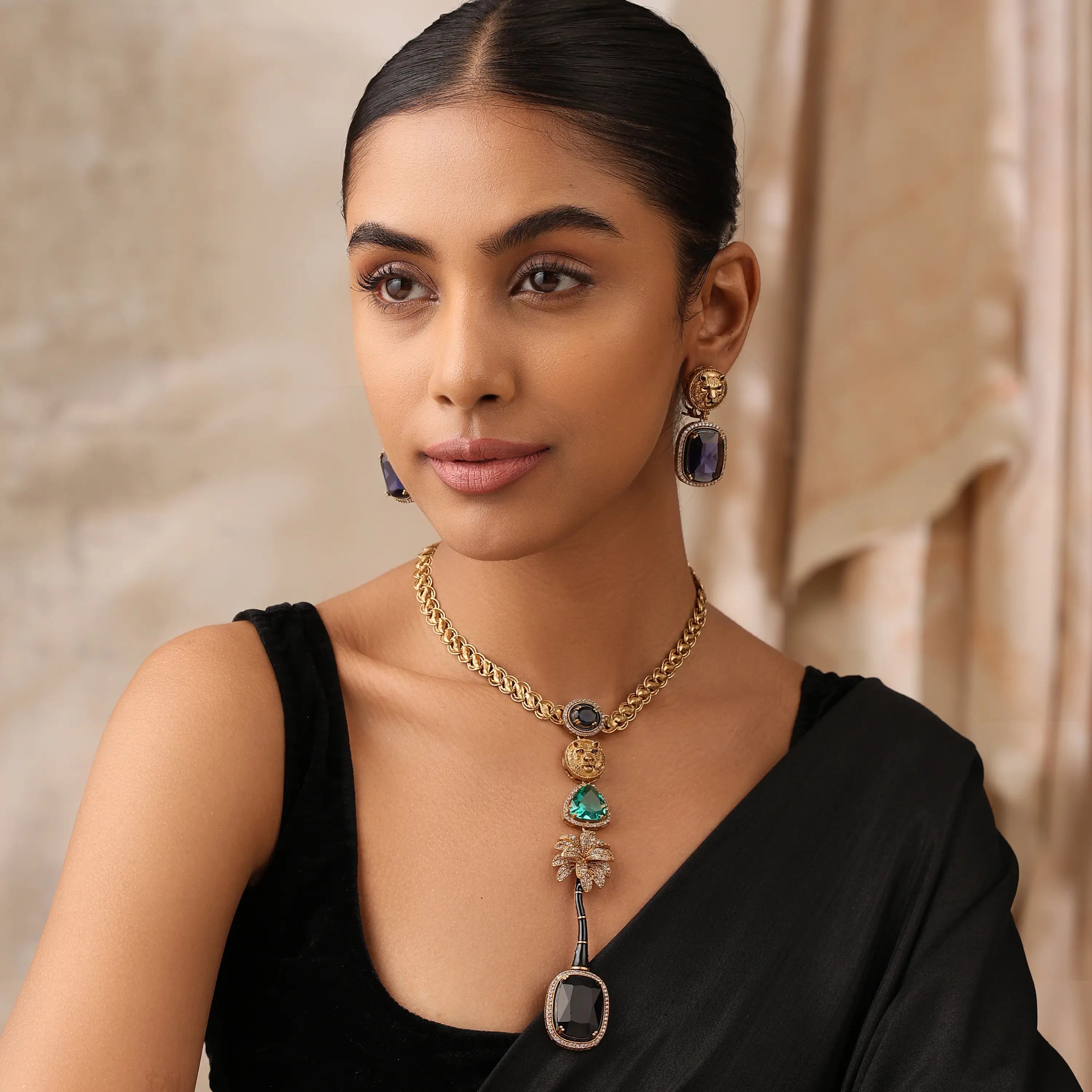 Jaguar Long Necklace Set with Blue & Teal Stones - Bollywood Jewelry
