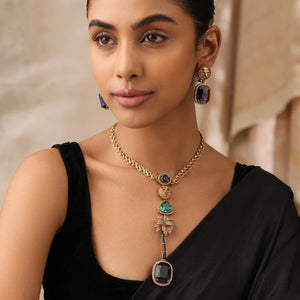 Jaguar Long Necklace Set with Blue & Teal Stones - Bollywood Jewelry