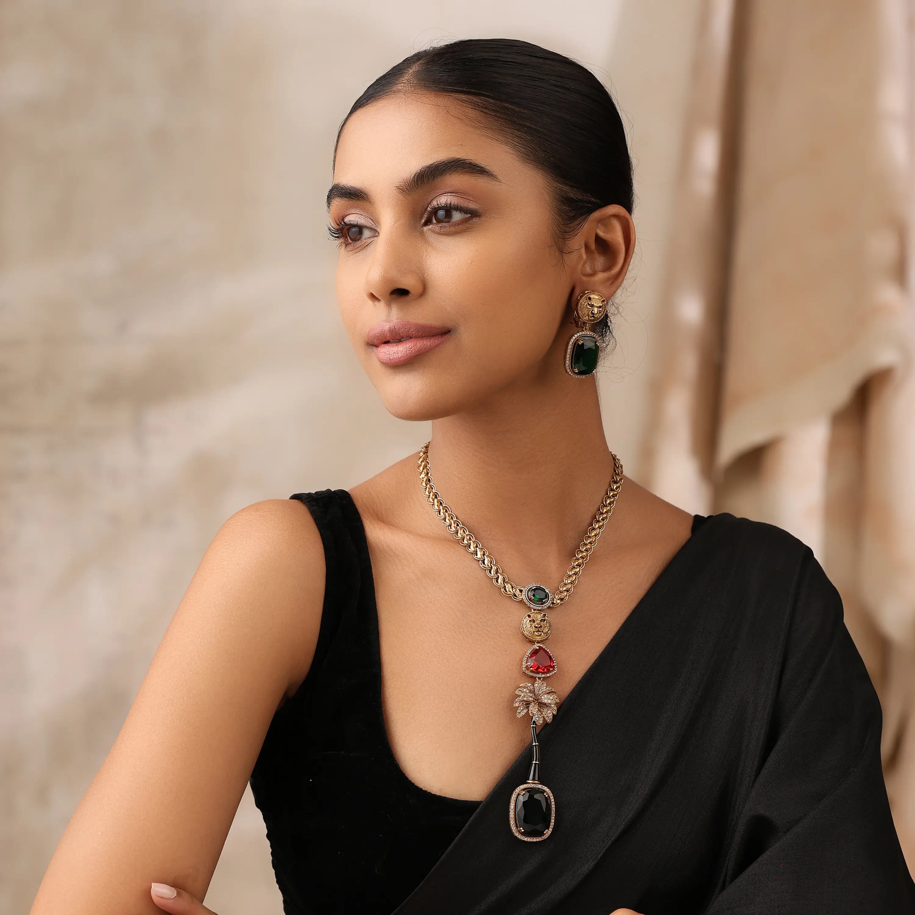 Jaguar Long Necklace Set with Emerald & Ruby Colored Stones - Bollywood Jewelry