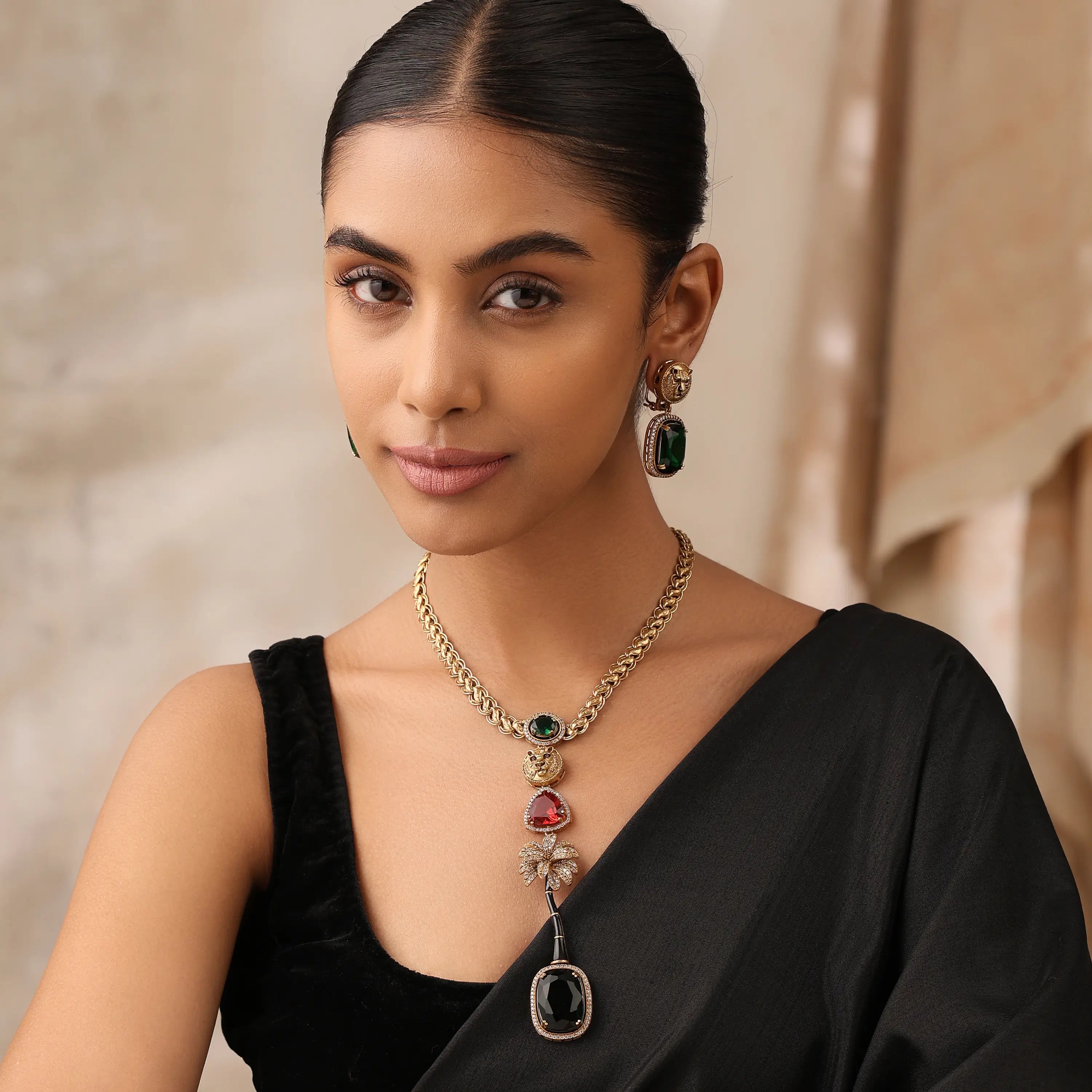 Jaguar Long Necklace Set with Emerald & Ruby Colored Stones - Bollywood Jewelry