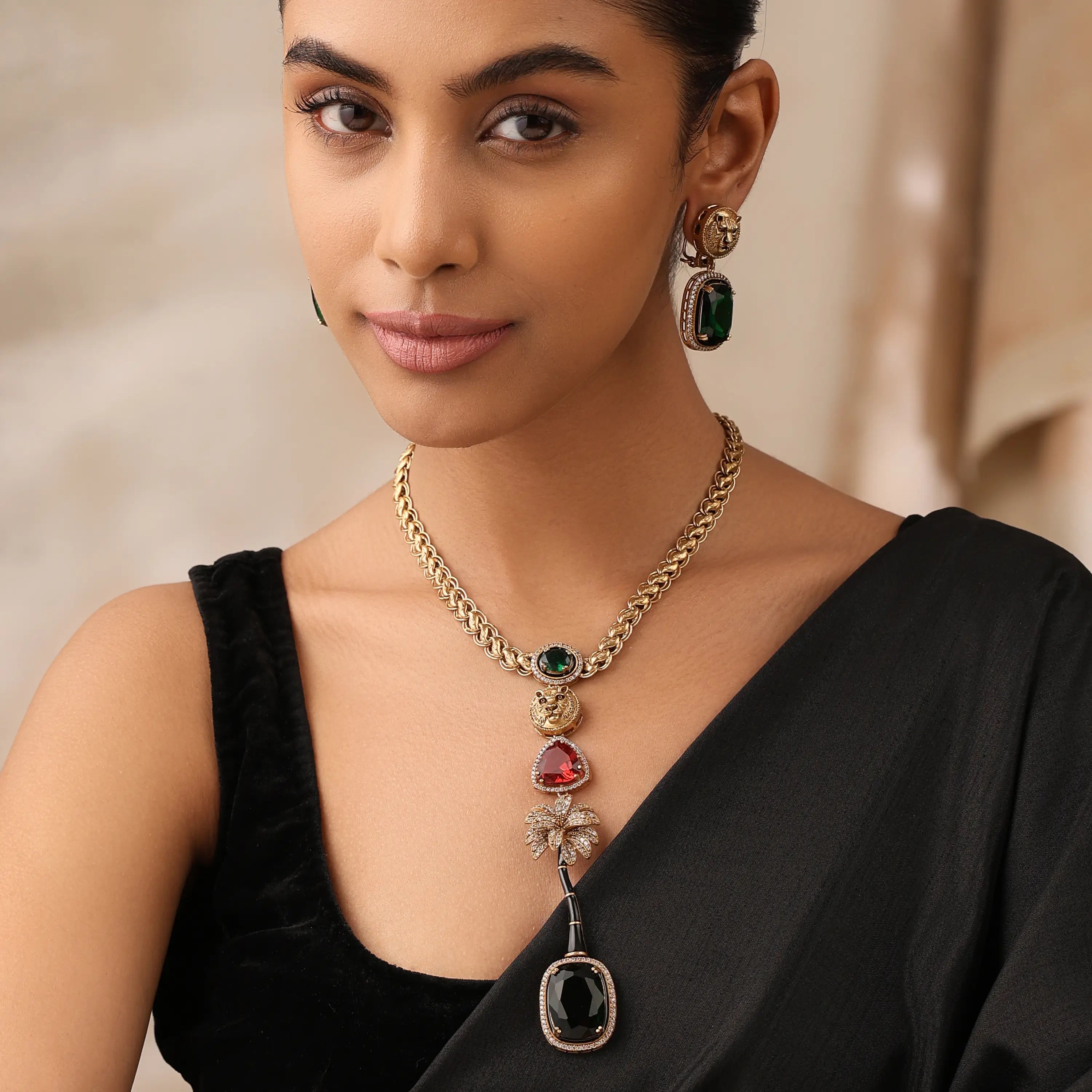 Jaguar Long Necklace Set with Emerald & Ruby Colored Stones - Bollywood Jewelry