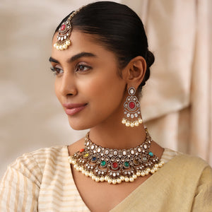 Kajal Navratan Fine Kundan Choker Set with Earrings & Tikka