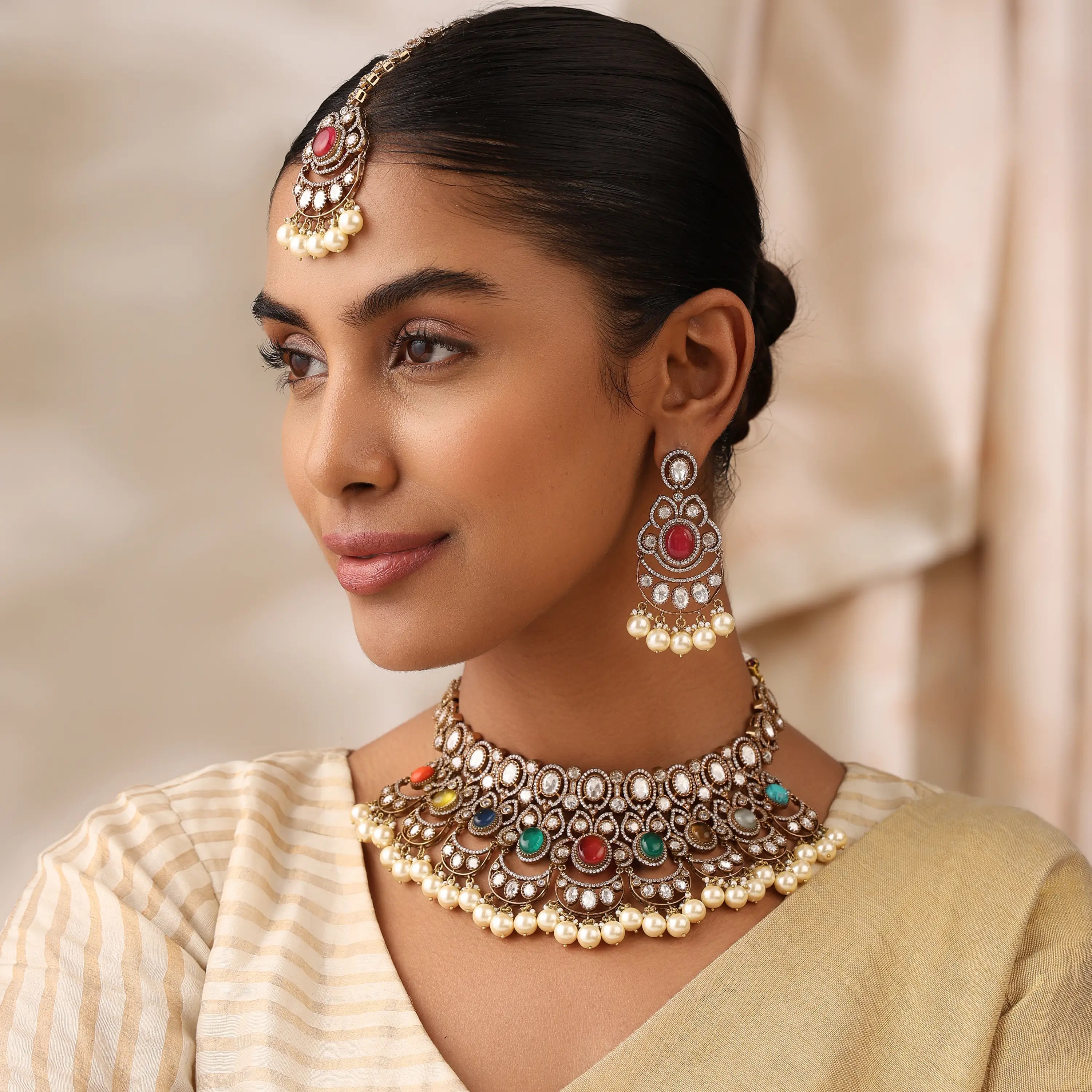 Kajal Navratan Fine Kundan Choker Set with Earrings & Tikka