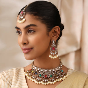 Kajal Navratan Fine Kundan Choker Set with Earrings & Tikka